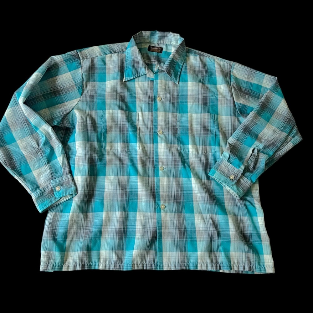 Towncraft Penneys Penn-Prest‎ Plaid Shirt XL Turquoise Teal Blue Long Sleeve